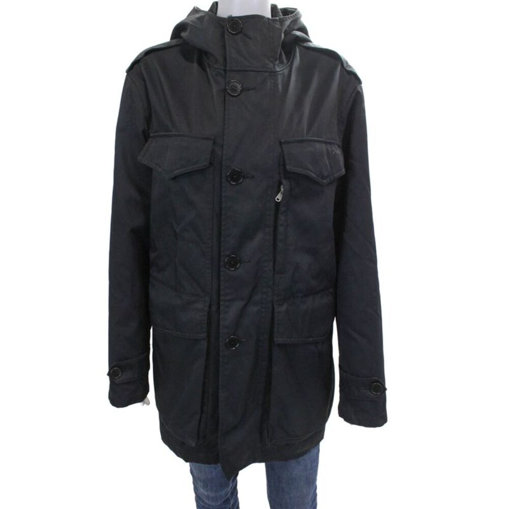 DKNY Mens Parka Coat Black Button Nylon Blend Size S
